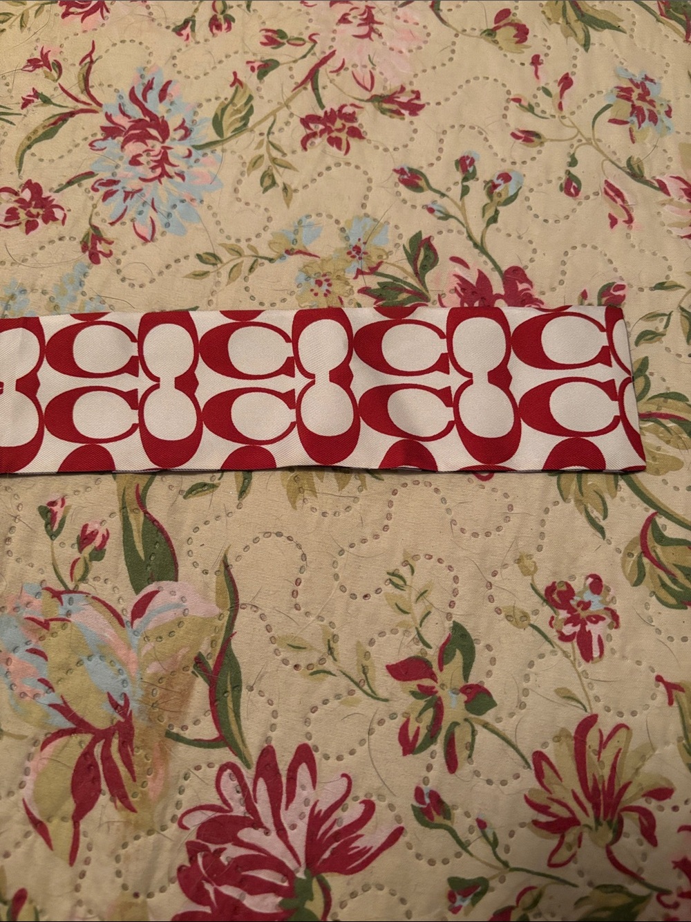 Coach Red and White,green, black, gold Signature 'C' Pattern silk Scarf.